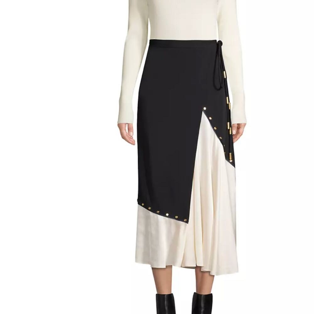 NWT Tory Burch mixed material black white silk wrap skirt midi maxi coquette